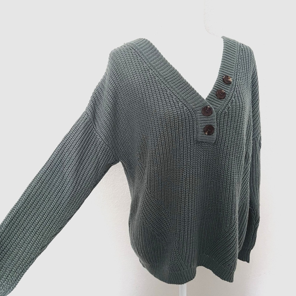 Maurices XL Green Knit Henley Sweater Women's Oversized V-Neck Button Ribbed